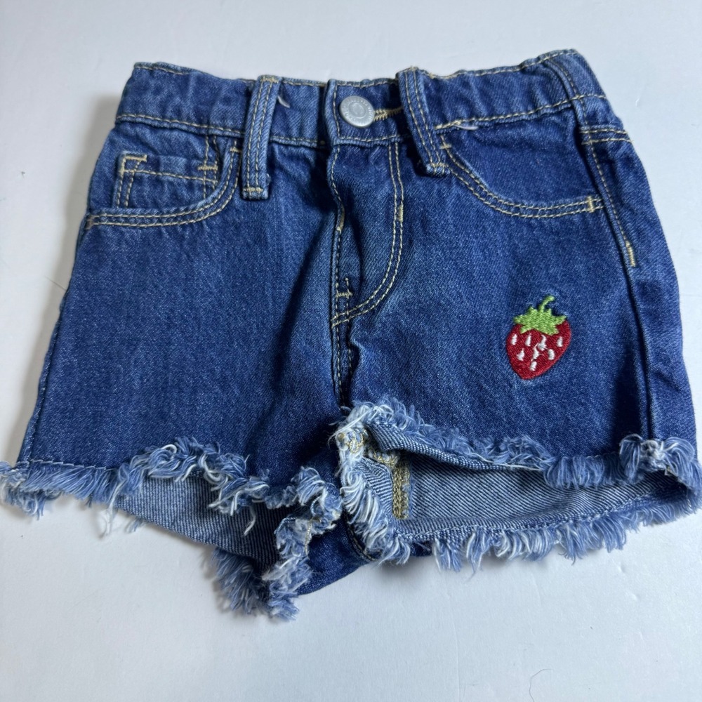 Old Navy Kids Blue Denim Strawberry Embroidered Frayed Hem Shorts 12-18M